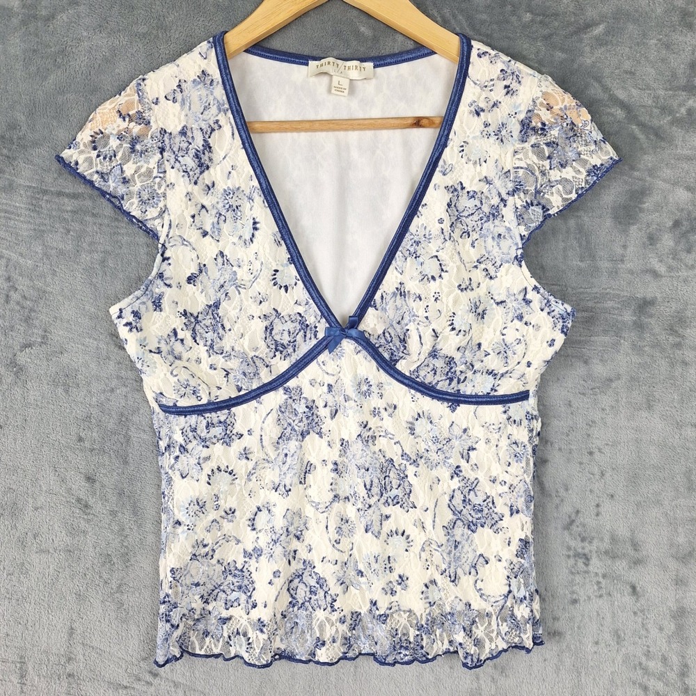 Womens Top Large Babydoll Y2K Floral Lace Fairy Romantic Lettuce Hem Coquette